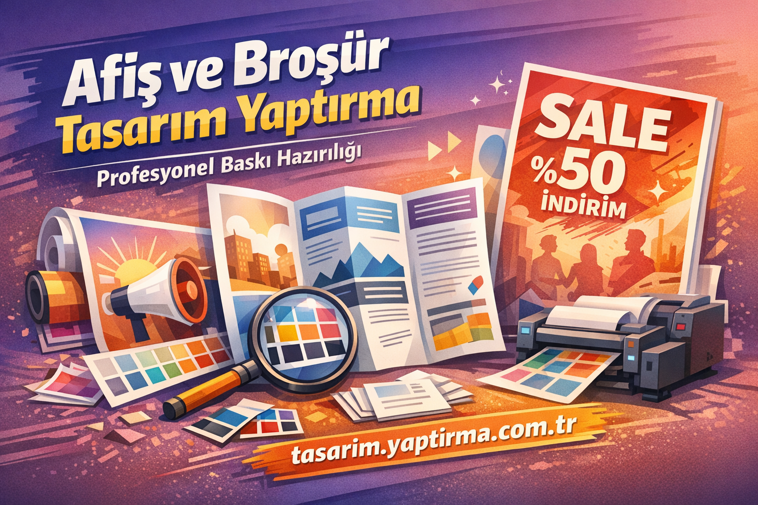 Vibrant Turkish design poster showing brochures, color swatches, magnifying glass, printer, and a large 'SALE İNDİRİM' sign with design tools.