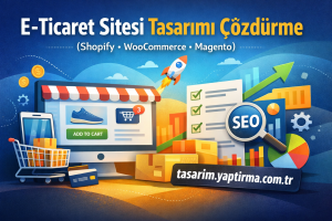 Vibrant e-commerce design concept with an online store page, shopping cart, rocket, SEO magnifier and the URL tasarim.yaptirma.com.tr
