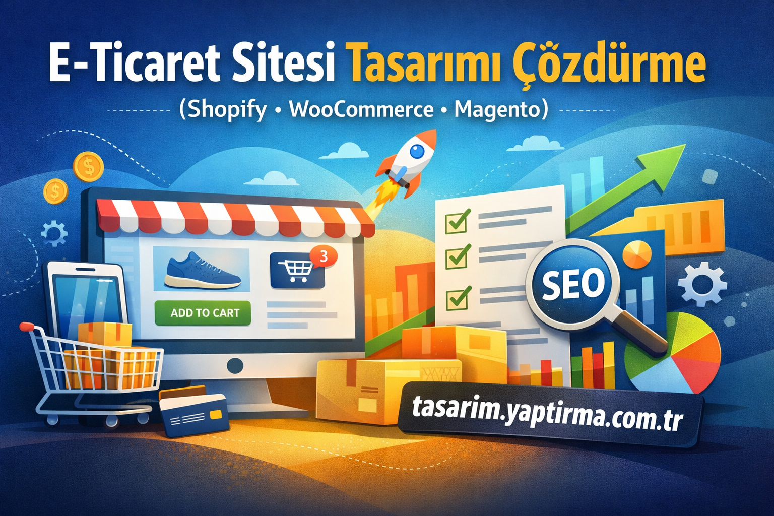 Vibrant e-commerce design concept with an online store page, shopping cart, rocket, SEO magnifier and the URL tasarim.yaptirma.com.tr