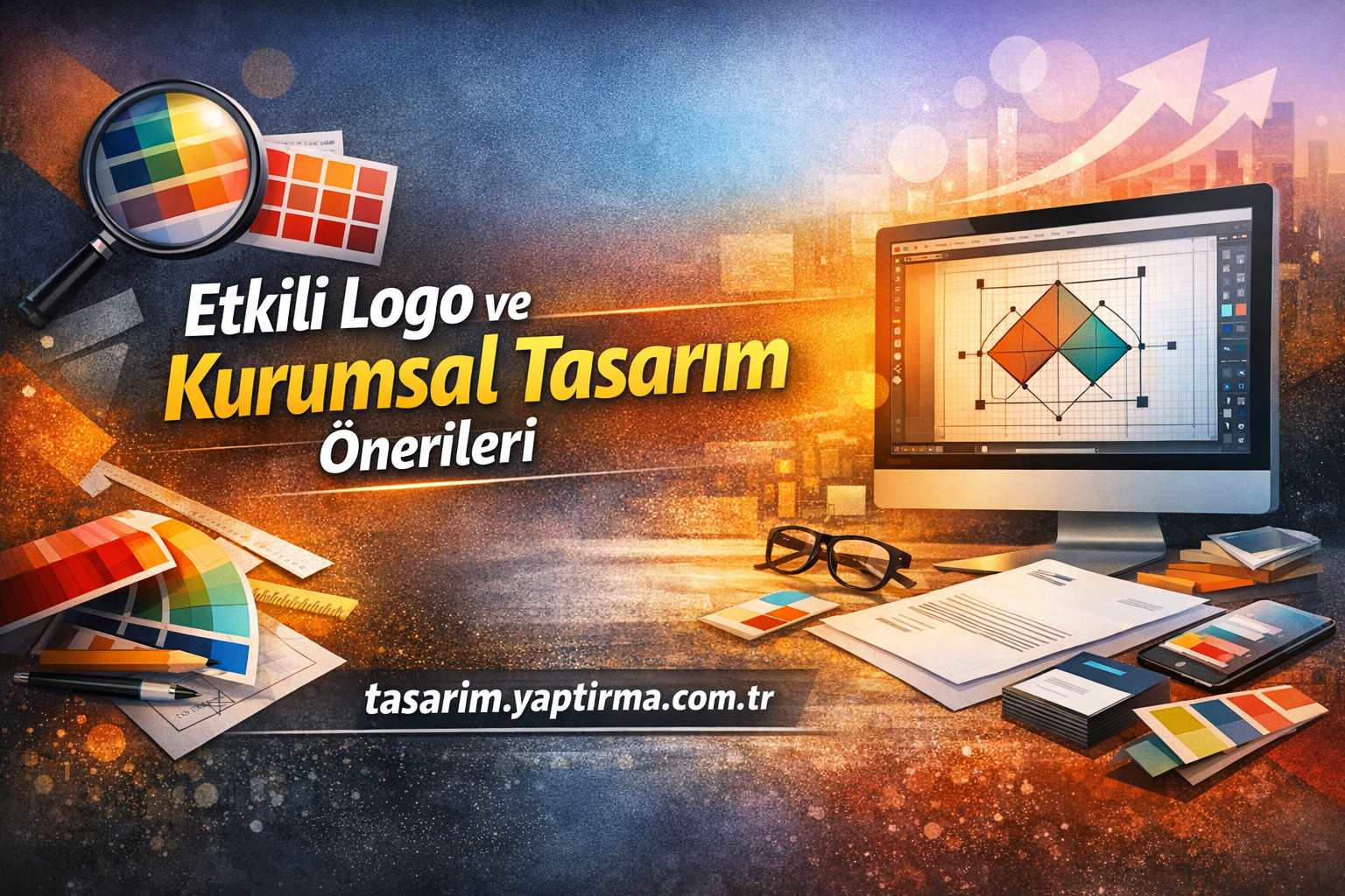 Banner advertising etkili logo ve kurumsal tasarım önerileri with color swatches, glasses, and a computer monitor on a colorful creative desk. (tasarim.yaptirma.com.tr)