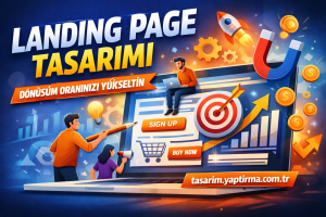 Turkish landing page design banner reading 'LANDING PAGE TASARIMI' and 'DÖNÜŞÜM ORANINIZI YÜKSELTİN' shown on a laptop screen. Realtime conversion themes with arrows and icons.