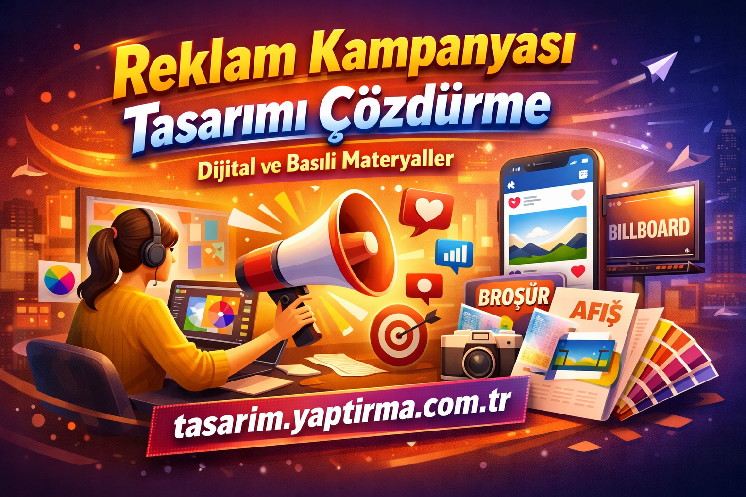 Reklam Kampanyası Tasarımı Çözdürme - Tasarım Yaptırma Merkezi Renkli reklam kampanyası tasarımıyla ilgili yoğun bir illüstrasyon: masa başında çalışırken megafon kullanan tasarımcı, mobil cihazlar, broşürler ve dijital öğeler etrafında bir arada gösterilmiş.