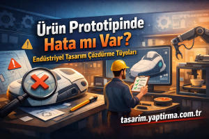 Mühendis, prototip hatalarını kontrol eden bir kontrol listesiyle atölyede çalışıyor; arka planda araç modelleri ve robot kolu var.