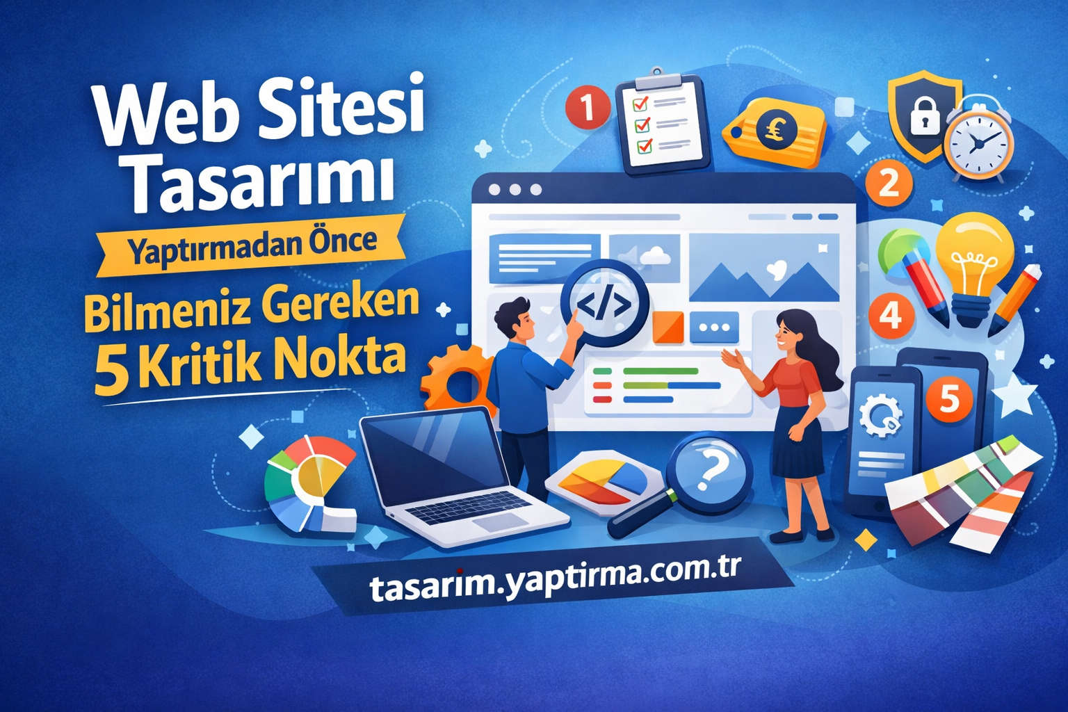 Web Sitesi Tasarımı Yaptırmadan Önce Bilmeniz Gereken 5 Kritik Nokta - Tasarım Yaptırma Merkezi Turkish web design tips banner: '5 Kritik Nokta' to know before designing a site, with illustrations (laptop, gears, icons).