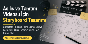 Storyboard design concept with sketch thumbnails, clapperboard, camera gear, and Turkish promotional text about opening and promo video design services.