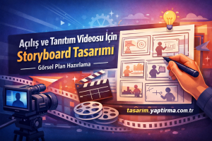Renkli afişte elin storyboard çizerken gösterildiği bir taslak sayfası; kamera ve film ruloları yanlarında duruyor.