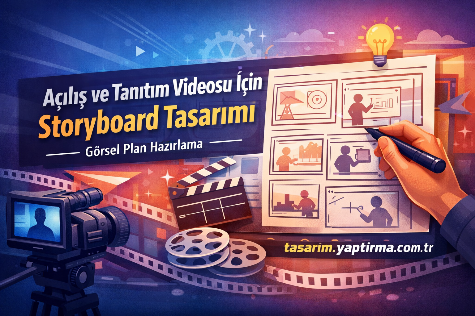 Renkli afişte elin storyboard çizerken gösterildiği bir taslak sayfası; kamera ve film ruloları yanlarında duruyor.