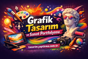 Vibrant, colorful graphic design banner featuring a paint palette, brush, camera, tablet, and a marble statue bust with rainbow accents, promoting a portfolio site.