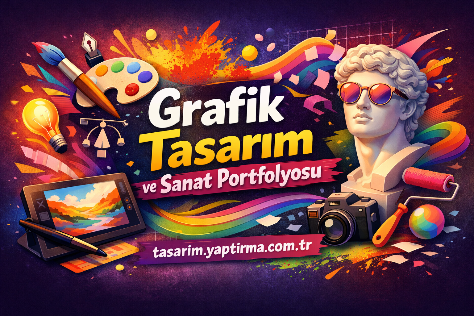 Grafik Tasarım ve Sanat Portfolyosu Tasarımı - Tasarım Yaptırma Merkezi Vibrant, colorful graphic design banner featuring a paint palette, brush, camera, tablet, and a marble statue bust with rainbow accents, promoting a portfolio site.