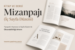 Turkish typography and layout design promo: large 'Mizanpajı' headline with 'İç Sayfa Düzeni' and open magazines on a beige background.