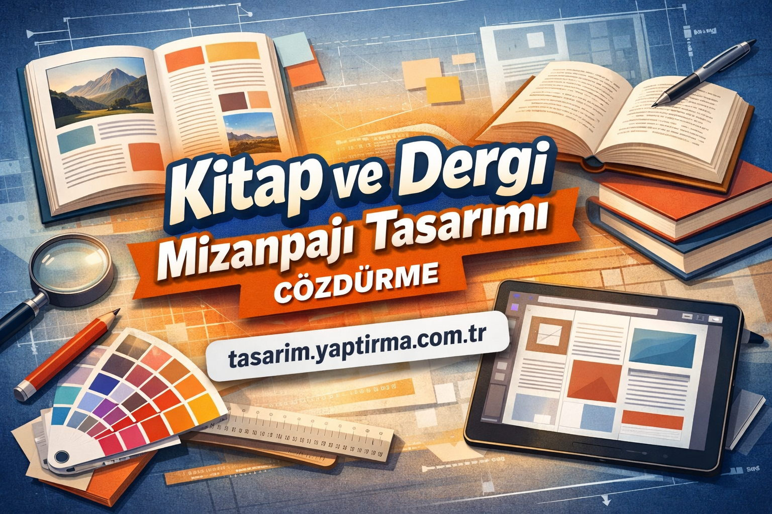 Banner for 'Book and Magazine Layout Design' showing open books, a tablet with a layout, color swatches, pencil, magnifier and ruler for design work.
