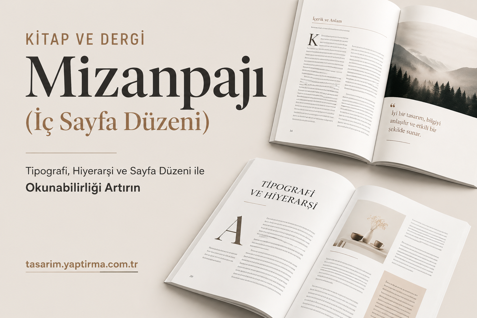Kitap ve Dergi Mizanpajı - Tasarım Yaptırma Merkezi Turkish typography and layout design promo: large 'Mizanpajı' headline with 'İç Sayfa Düzeni' and open magazines on a beige background.