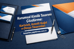 Promotional image for corporate identity design with blue/orange branding: stacked business cards, a blue folder, and a pen on a textured desk; Turkish headline about card, stationery, and file designs and the site tasarım.yaptırma.com.tr
