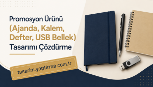 Promosyon ürünü reklam afişi: ajanda, kalem, defter ve USB belleğe odaklı masaüstü kompozisyonu.
