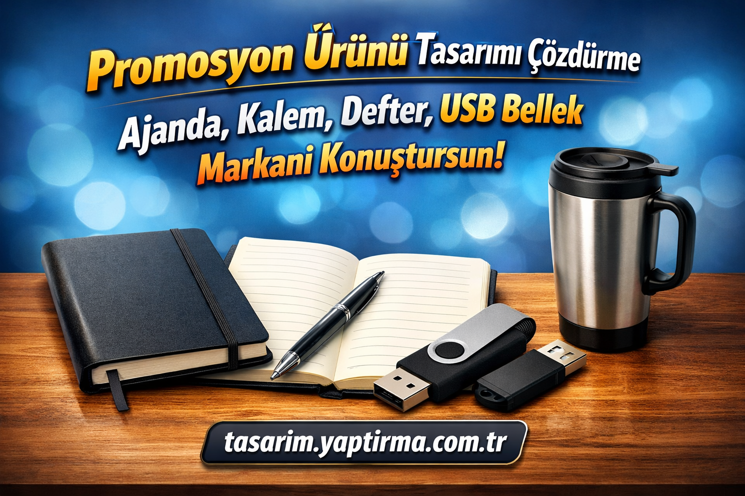 Promotional banner showing branded desk items: notebook, pen, USB drives and a coffee tumbler on a wooden table with Turkish text.