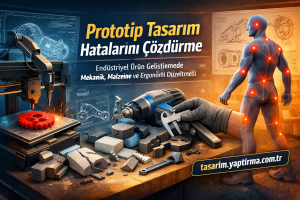 Industrial prototyping scene with a 3D printer, milling tool, and a human figure showing red contact points; Turkish text about prototyping design.
