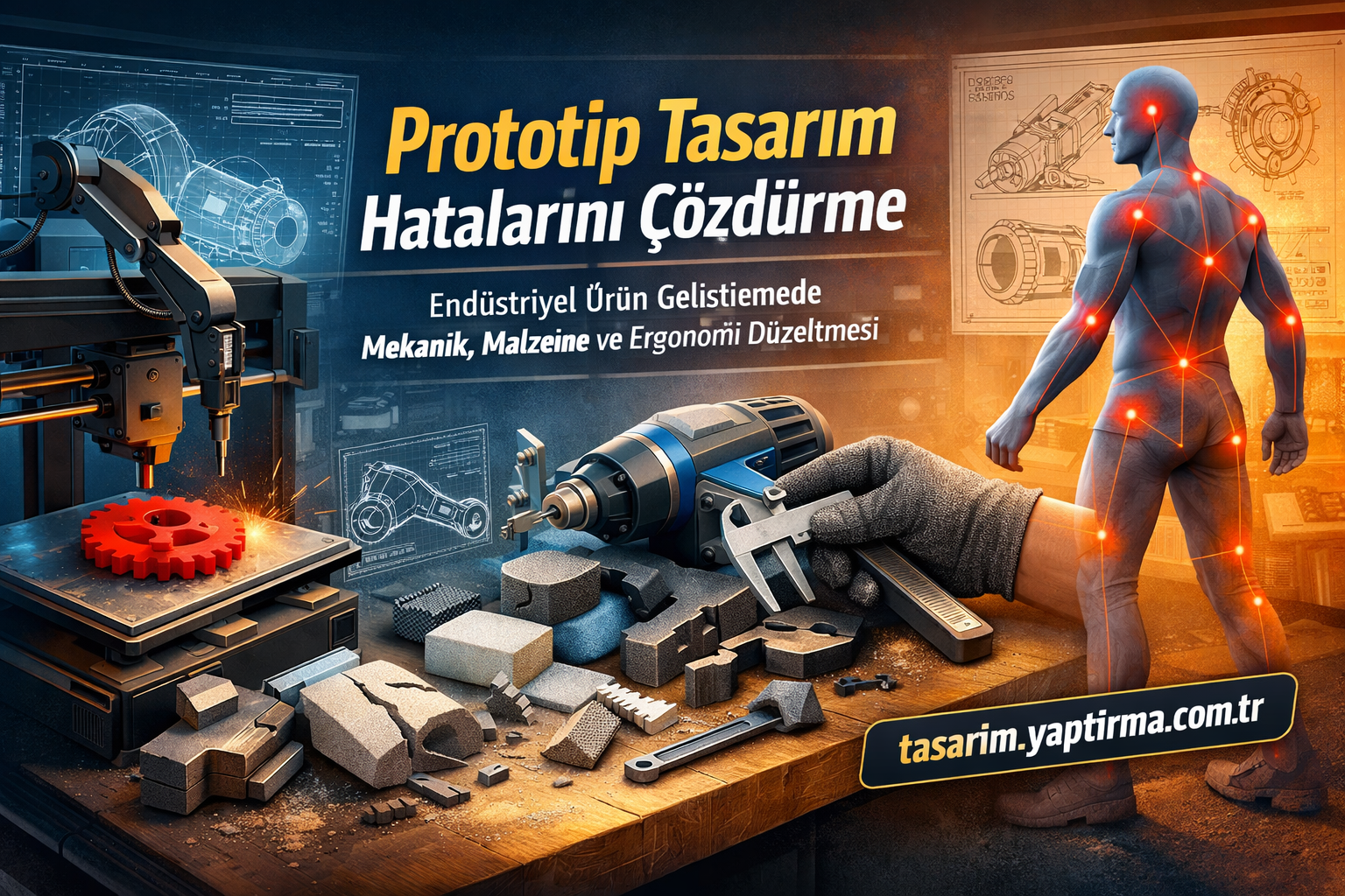 Prototip Tasarım Hatalarını Çözdürme - Tasarım Yaptırma Merkezi Industrial prototyping scene with a 3D printer, milling tool, and a human figure showing red contact points; Turkish text about prototyping design.
