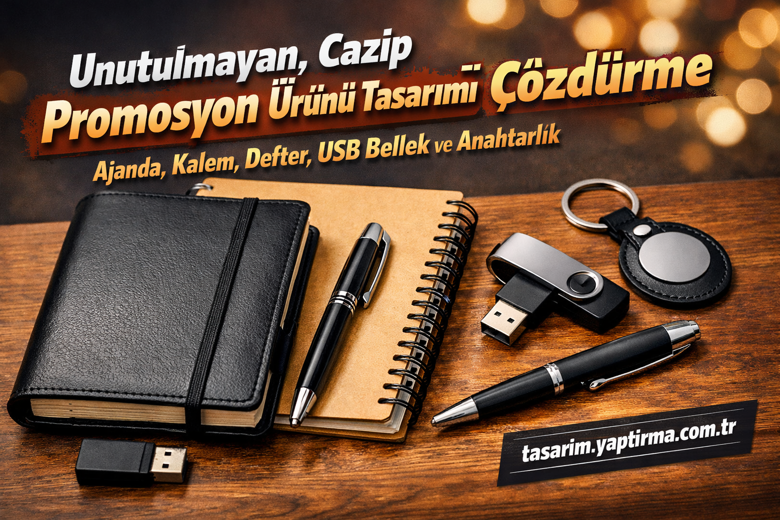 Unutulmayan Cazip Promosyon Ürünü Tasarımı Çözdürme - Tasarım Yaptırma Merkezi Promotional banner showing notebook, pen, USB drive and key ring on a wooden desk with Turkish text advertising promo product design services and the website tasarim.yaptirma.com.tr