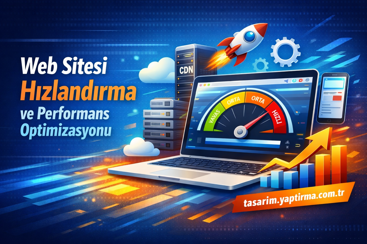 Illustration promoting website speed optimization with a laptop speedometer, servers, and a rocket on a blue background.