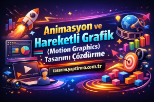 Vibrant banner about animation and motion graphics in Turkish, featuring a rocket, globe in a film reel, charts, a laptop with a video player, and colorful 3D blocks. The Turkish headline reads 'Animasyon ve Hareketli Grafik'.