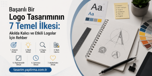 Banner: Türkçe başlıkla Logo Tasarımının 7 Temel İlkesi ve kılavuz ikonları; sağda tasarım defteri ve renk kartlarıyla çalışma masası görünümü.
