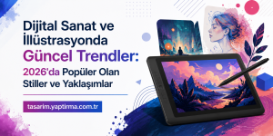 Turkish banner about digital art trends with bold text on the left and a graphic tablet showing colorful landscapes on the right, plus tasarim.yaptirma.com.tr.