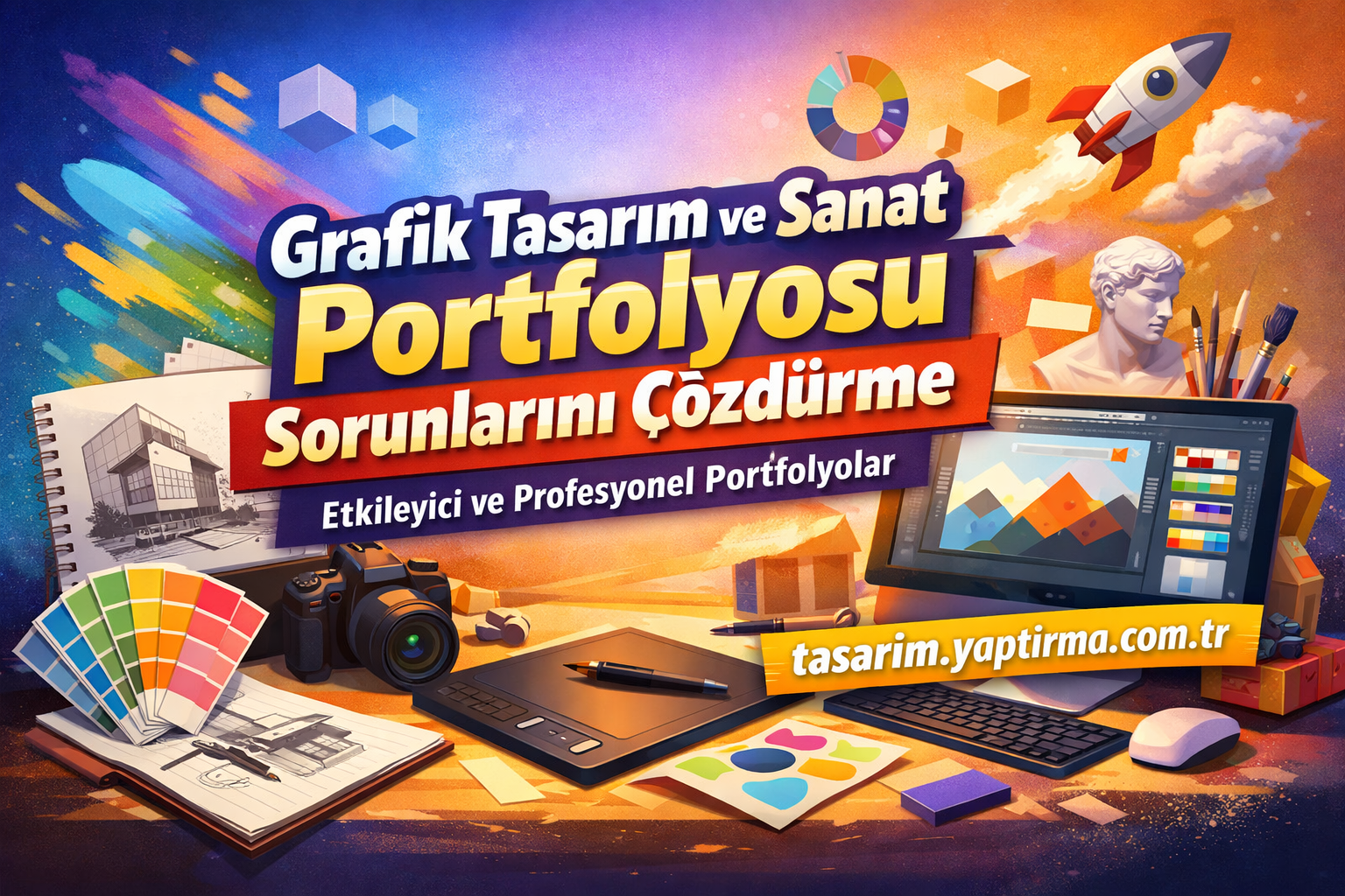 Grafik Tasarım ve Sanat Portfolyosu - Tasarım Yaptırma Merkezi Vibrant graphic design banner showing art tools, color swatches, camera, tablet and a laptop, promoting a design portfolio course with bold Turkish title text and a web URL on a colorful background.