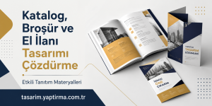 Katalog, broşür ve el ilanı tasarımı için açık bir broşür ve baskılı materyaller; mavi ve altın renkli tasarım.