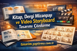 Banner promoting book, magazine, and video storyboard design with open magazines, a clapperboard, and a pencil; includes tasarim.yaptirma.com.tr URL in Turkish context