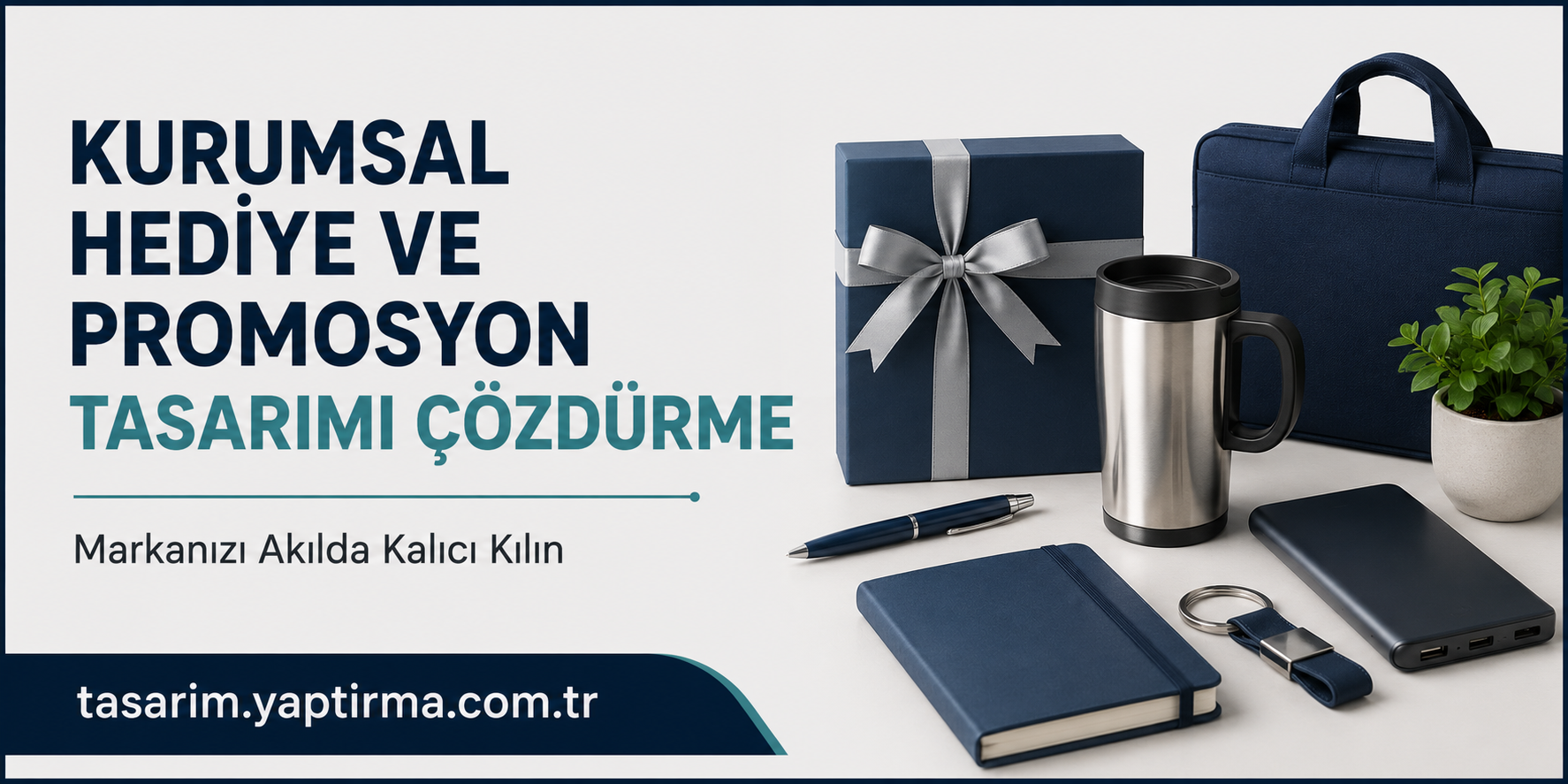 Banner advertising corporate gift and promotion design services, showing a navy gift box with silver ribbon, thermos, bag, plant, and office items.