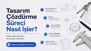 Tasarım çözüm sürecini adımlarla gösteren Türkçe infographic; 1 İhtiyacın Belirlenmesi, 2 Planlama, 3 Tasarım ve Çözüm, 4 Kontrol, 5 Teslim ve Destek.