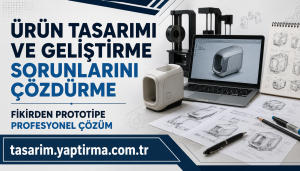 Ürün tasarımı ve geliştirme odaklı reklam bannerı; CAD modelinin dizüstü bilgisayarda göründüğü, 3D yazıcı ve taslak çizimlerin çevrede bulunduğu sahne. Tasarım.yaptirma.com.tr adresi de görselde yer alıyor.