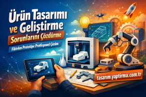 Turkish banner illustrating product design and development with a 3D printer, robotic arm, tablet CAD model, and gears over a tech-themed background.