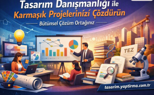 Colorful banner showing a team presenting data with charts on a board, a woman at a laptop, a man presenting, and stacks of books, a microscope, a DNA strand, color swatches, and a cityscape at sunset; Turkish slogans promote design consulting.