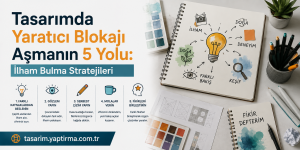 Turkish infographic about five ways to overcome creative block in design, with bold headings and “İlham Bulma Stratejileri” banner.