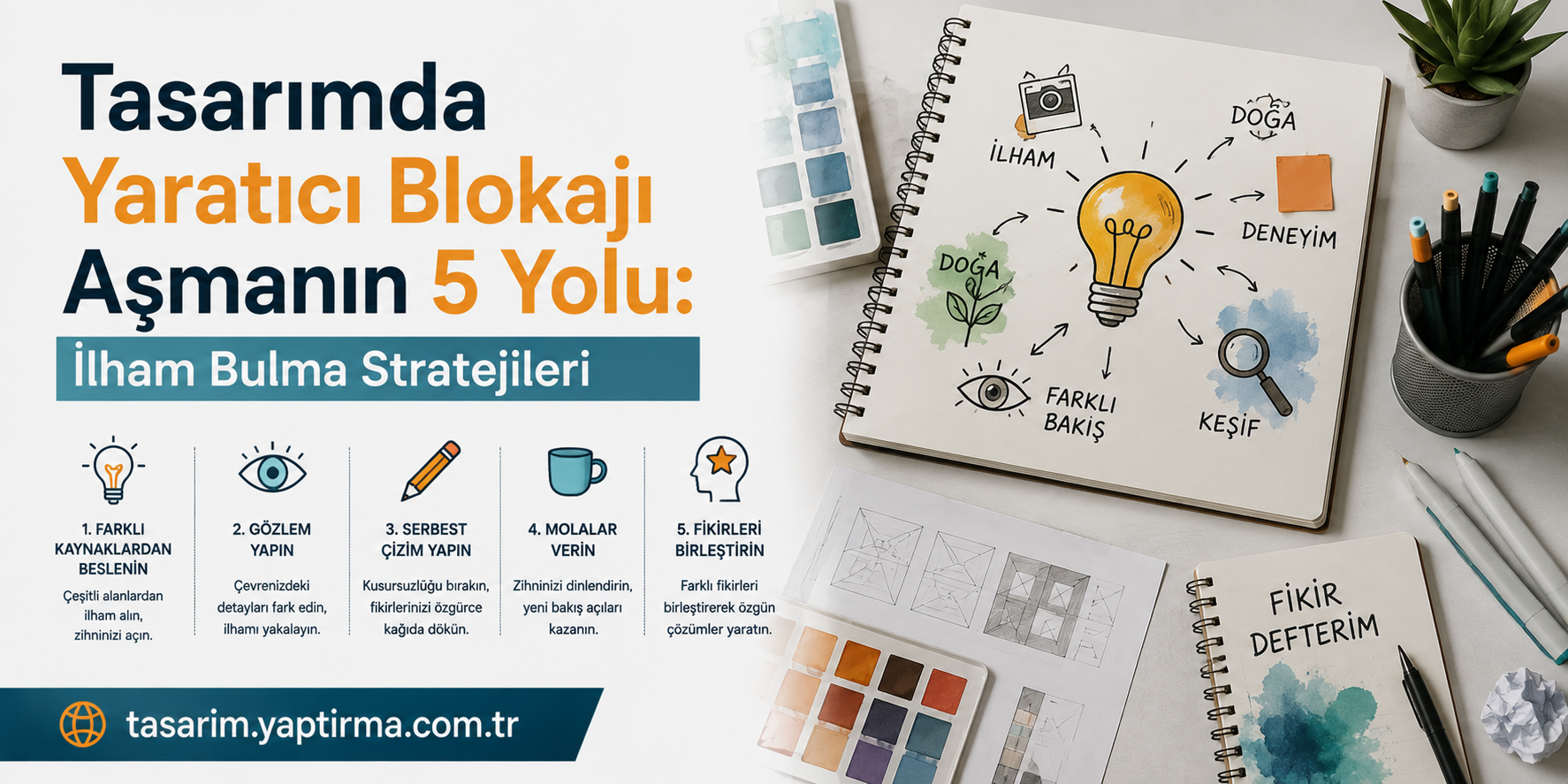 Turkish infographic about five ways to overcome creative block in design, with bold headings and “İlham Bulma Stratejileri” banner.