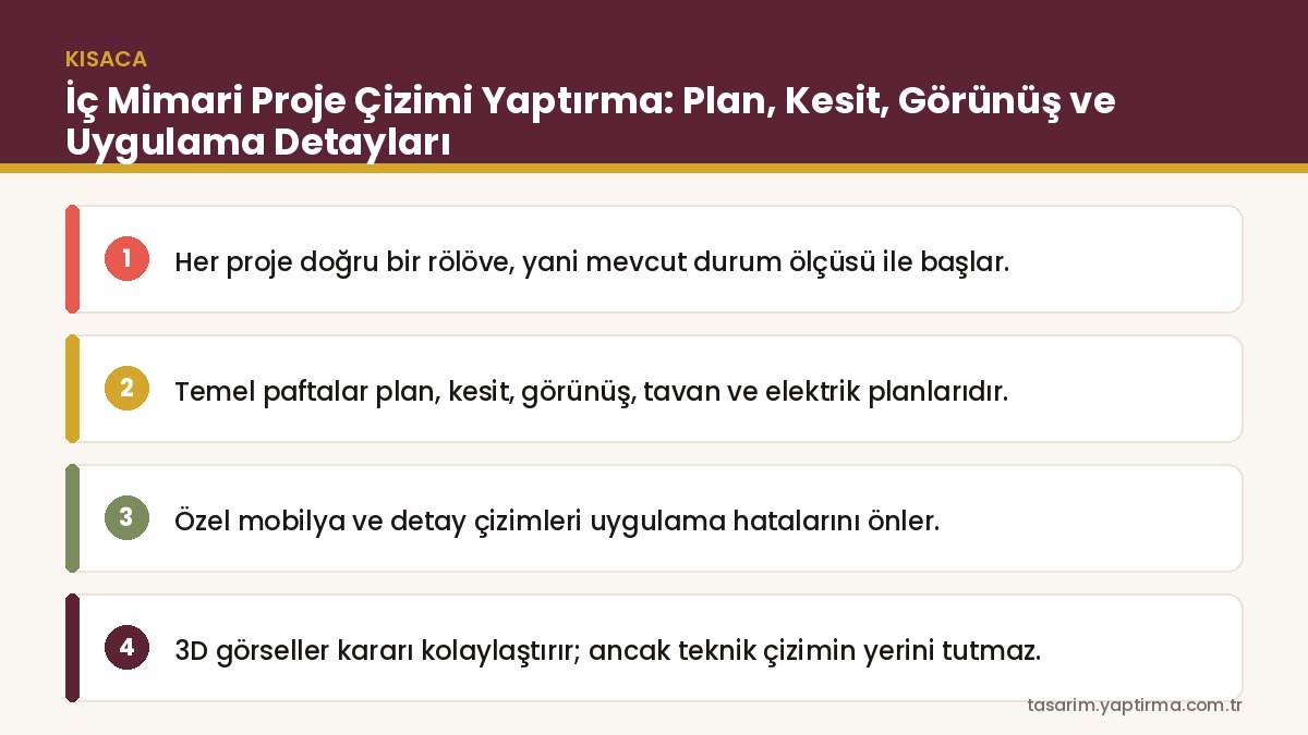 İç mimari proje çizimi örneği – ölçülü plan, kesit ve 3D görsel bir arada